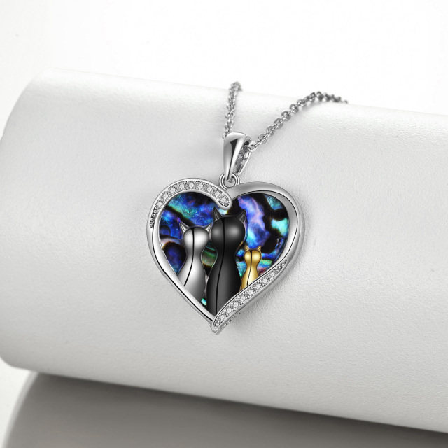 Sterling Silver Tri-tone Circular Shaped & Heart Shaped Abalone Shellfish & Cubic Zirconia Cat & Heart Pendant Necklace-2