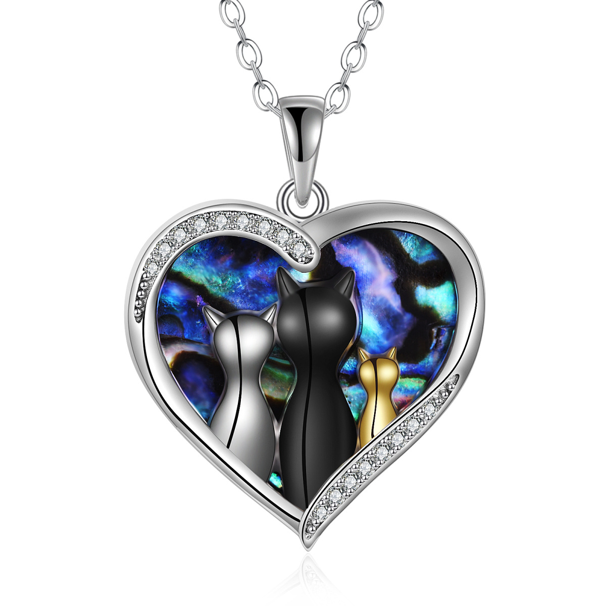 Sterling Silver Tri-tone Circular Shaped & Heart Shaped Abalone Shellfish & Cubic Zirconia Cat & Heart Pendant Necklace-1