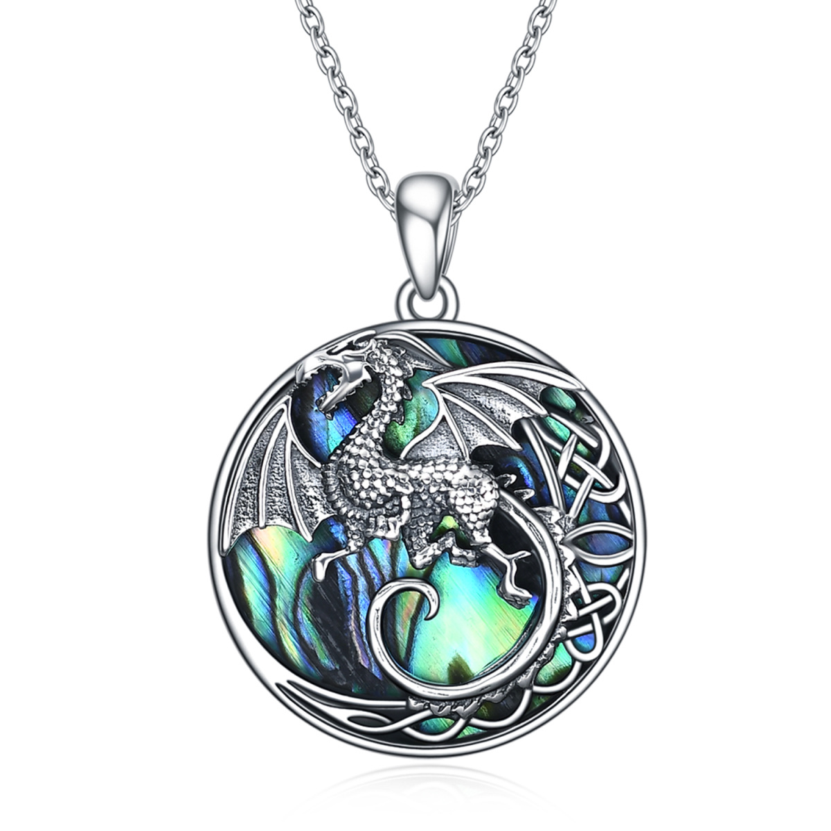 Sterling Silver Circular Shaped Abalone Shellfish Dragon & Celtic Knot Pendant Necklace-1