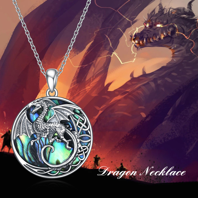 Sterling Silver Circular Shaped Abalone Shellfish Dragon & Celtic Knot Pendant Necklace-2