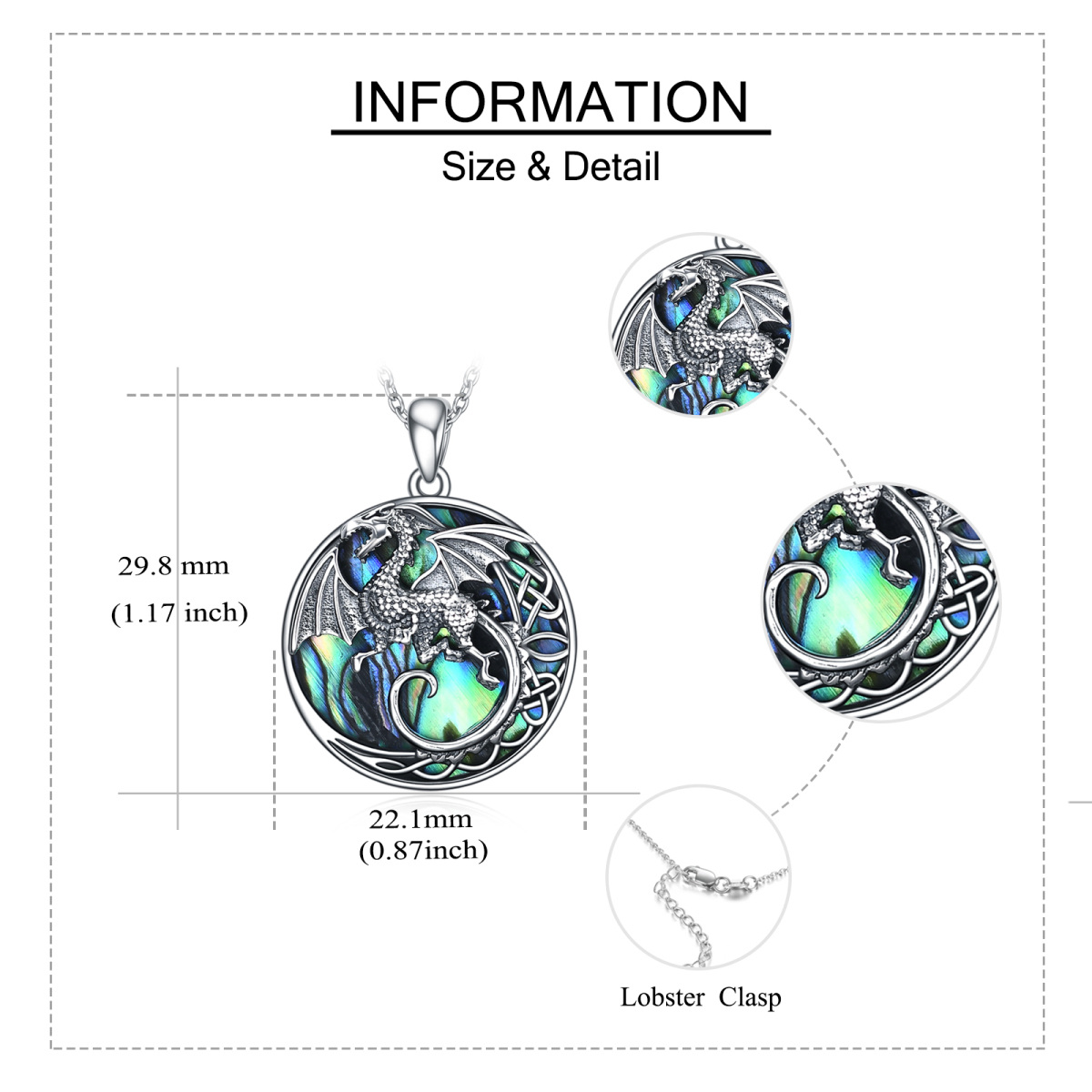 Sterling Silver Circular Shaped Abalone Shellfish Dragon & Celtic Knot Pendant Necklace-6