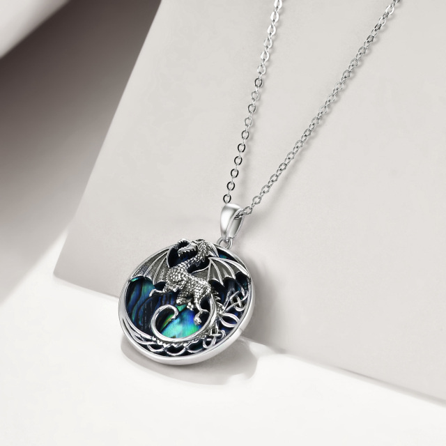 Sterling Silver Circular Shaped Abalone Shellfish Dragon & Celtic Knot Pendant Necklace-3