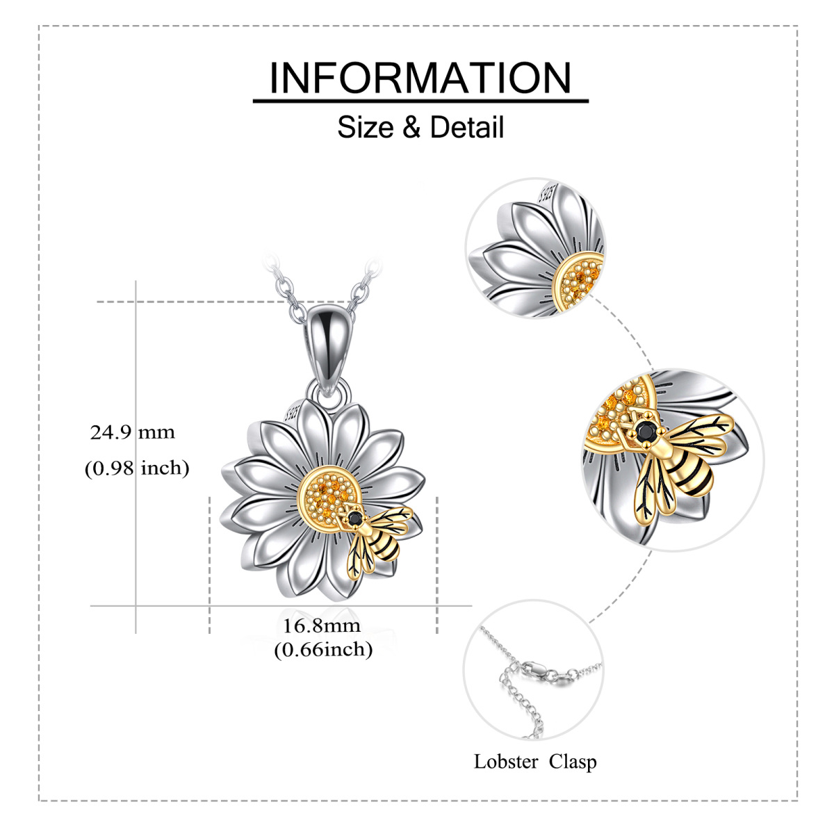 Sterling Silver Two-tone Cubic Zirconia Bee & Sunflower Urn Necklace for Ashes with Engraved Word-6