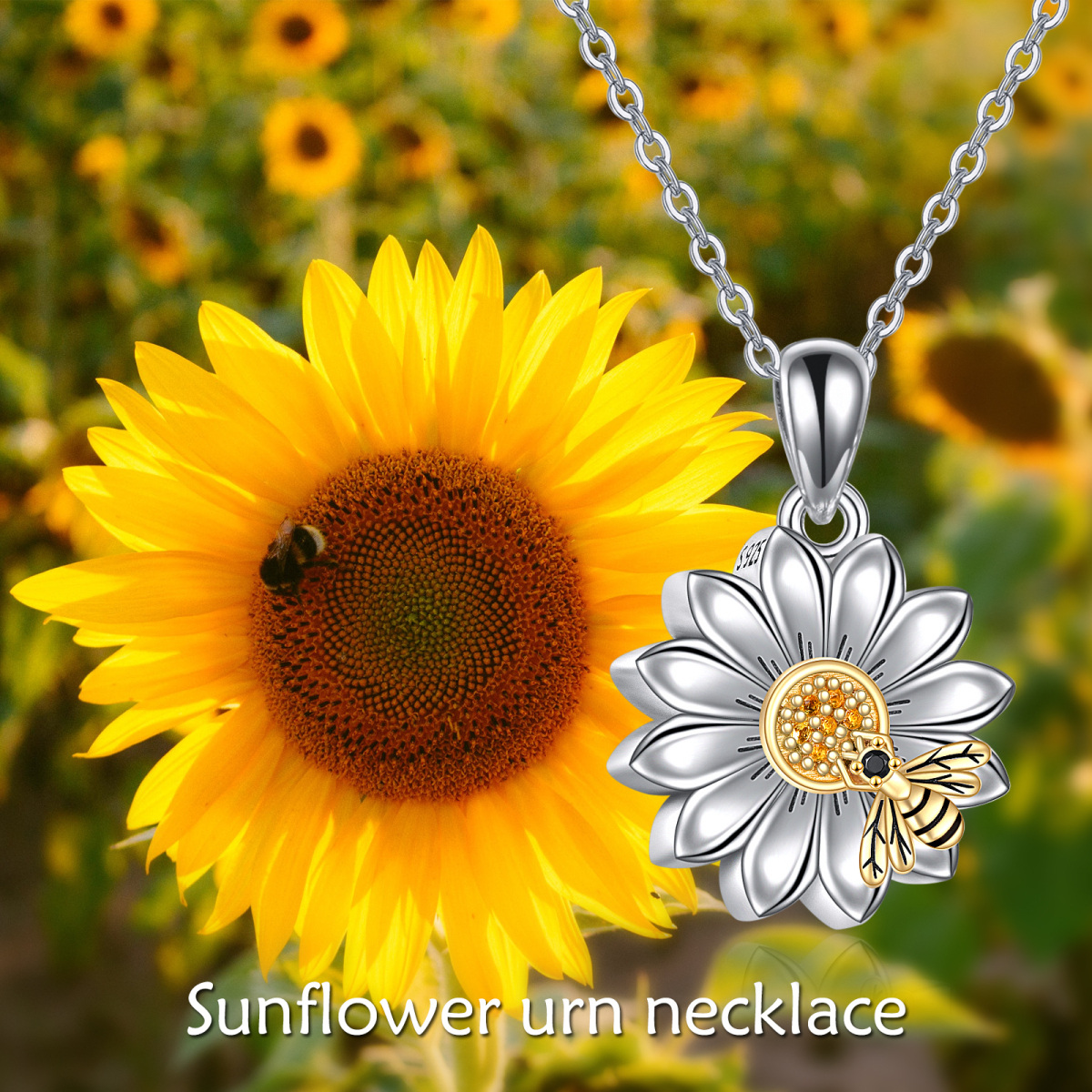 Collar de plata de ley con dos tonos de circonitas cúbicas Abeja y Girasol para cenizas co-3