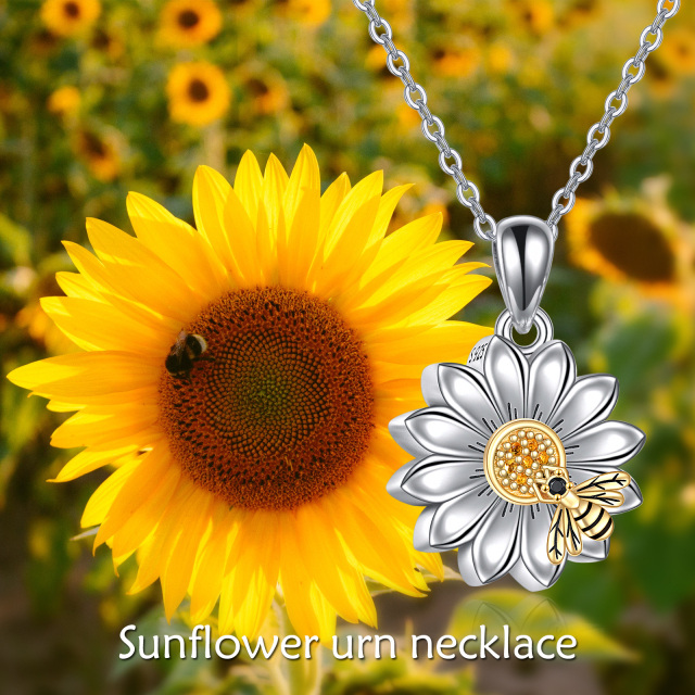 Sterling Silver Two-tone Cubic Zirconia Bee & Sunflower Urn Necklace for Ashes with Engraved Word-3