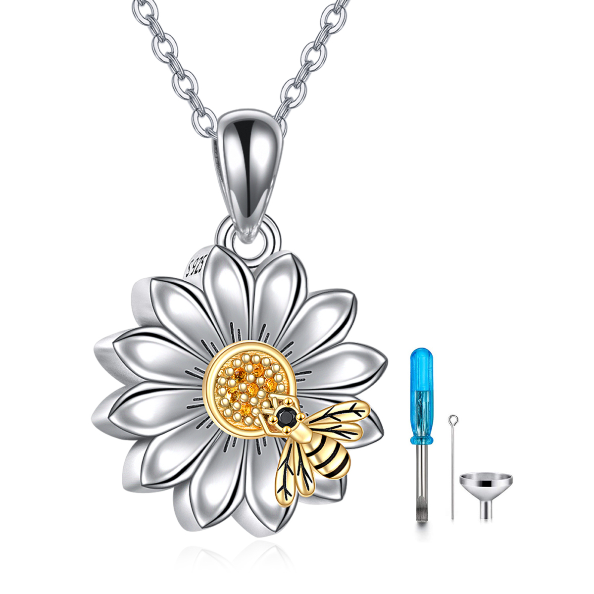 Sterling Silver Two-tone Cubic Zirconia Bee & Sunflower Urn Necklace for Ashes with Engraved Word-1