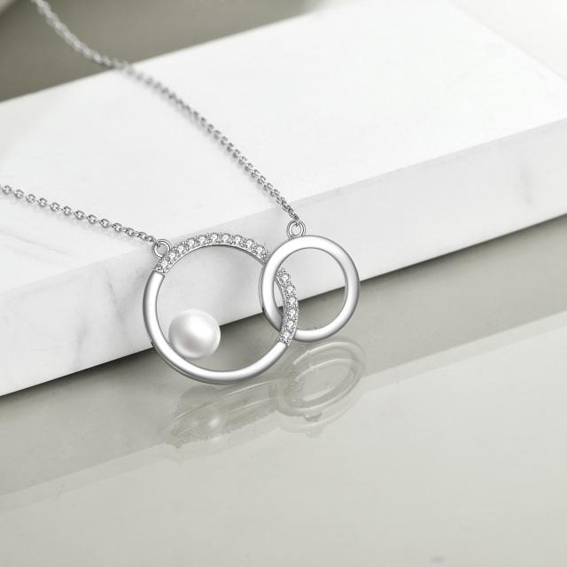 Sterling Silver Circular Shaped Cubic Zirconia & Pearl Generation Ring Circle Pendant Necklace-3