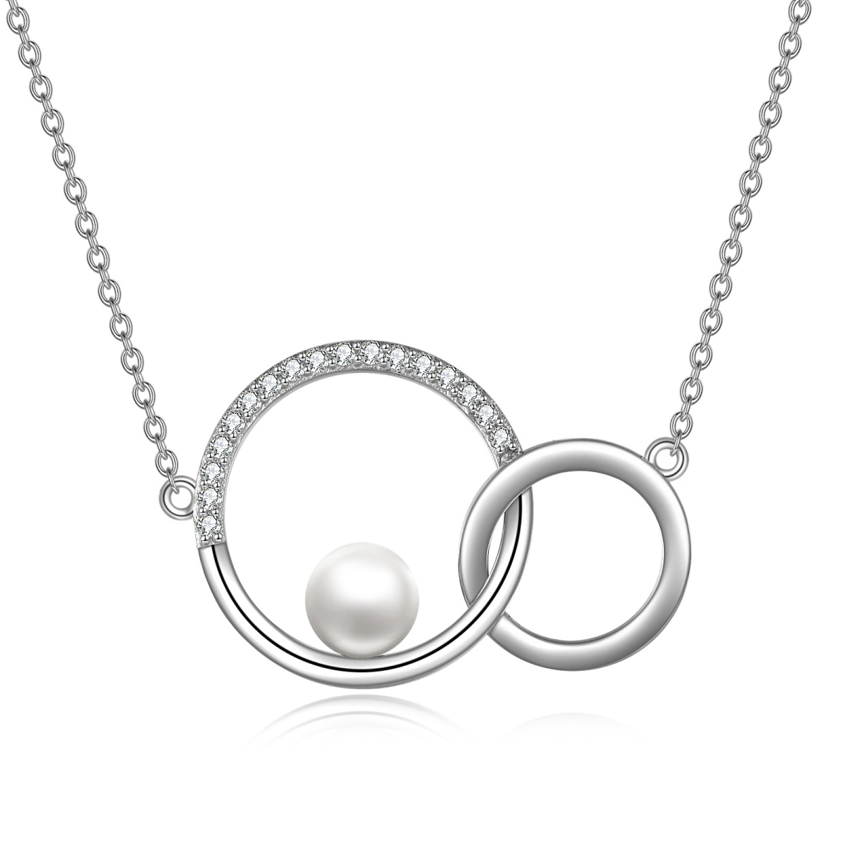 Sterling Silver Circular Shaped Cubic Zirconia & Pearl Generation Ring Circle Pendant Necklace-1
