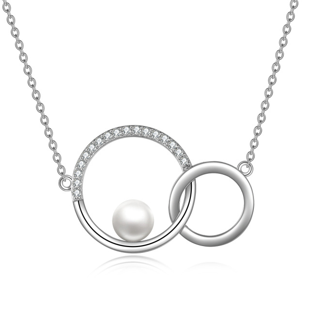Sterling Silver Circular Shaped Cubic Zirconia & Pearl Generation Ring Circle Pendant Necklace-0