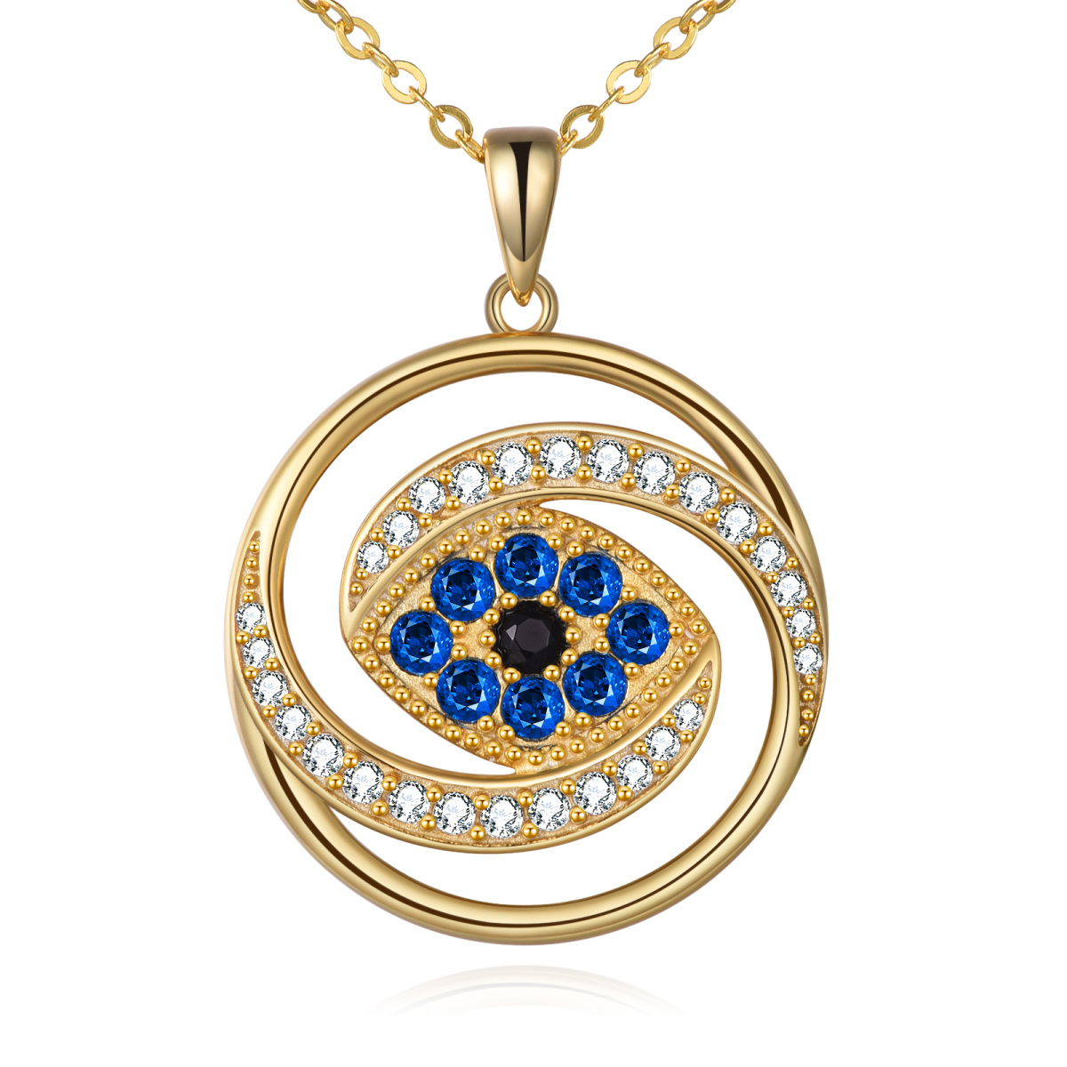 Sterling Silver with Yellow Gold Plated Circular Shaped Cubic Zirconia Evil Eye Pendant Necklace-1