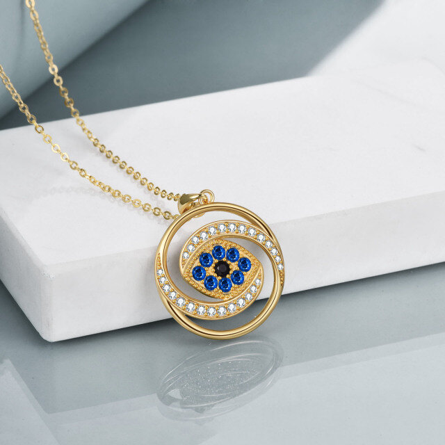 Sterling Silver with Yellow Gold Plated Circular Shaped Cubic Zirconia Evil Eye Pendant Necklace-3