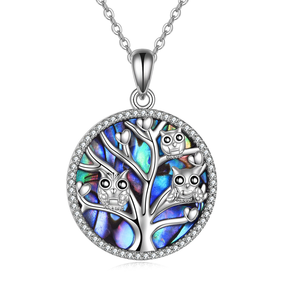 Sterling Silver Circular Shaped Abalone Shellfish & Cubic Zirconia Owl & Tree Of Life & Heart Pendant Necklace-1