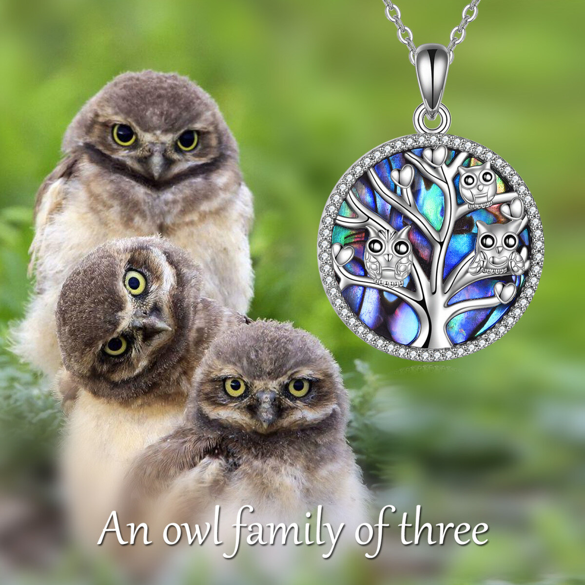 Sterling Silver Circular Shaped Abalone Shellfish & Cubic Zirconia Owl & Tree Of Life & Heart Pendant Necklace-6
