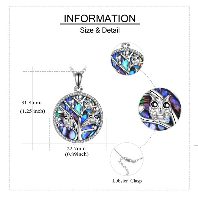 Sterling Silver Circular Shaped Abalone Shellfish & Cubic Zirconia Owl & Tree Of Life & Heart Pendant Necklace-4