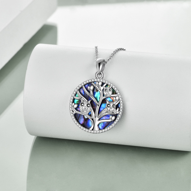 Sterling Silver Circular Shaped Abalone Shellfish & Cubic Zirconia Owl & Tree Of Life & Heart Pendant Necklace-2