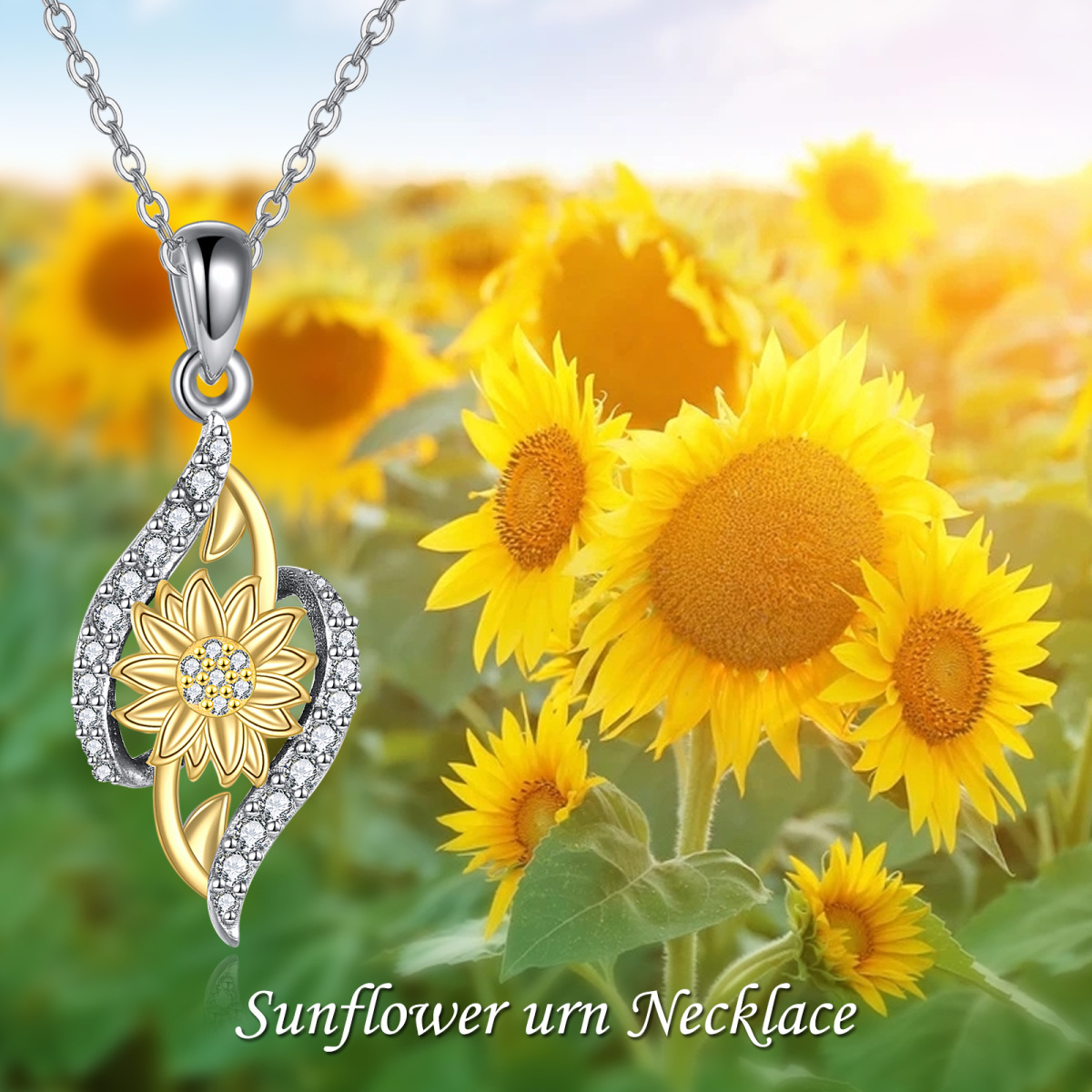 Sterling Silver Two-tone Circular Shaped Cubic Zirconia Sunflower Urn Necklace for Ashes-6