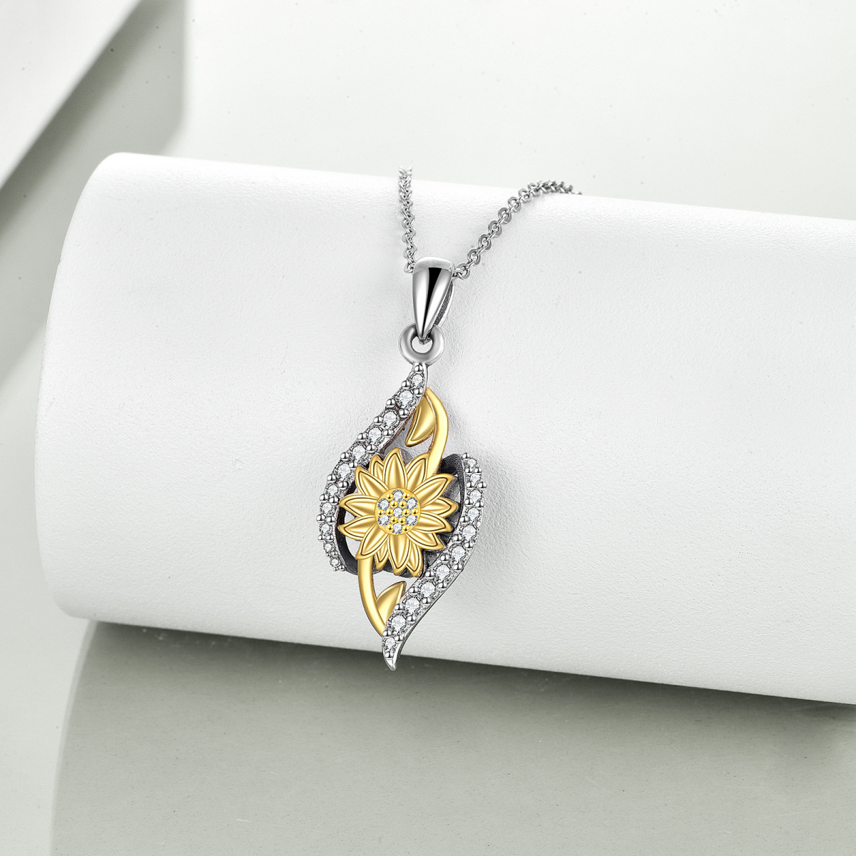 Sterling Silber zweifarbig kreisförmig Cubic Zirkonia Sonnenblume Urne Halskette für Asche-3