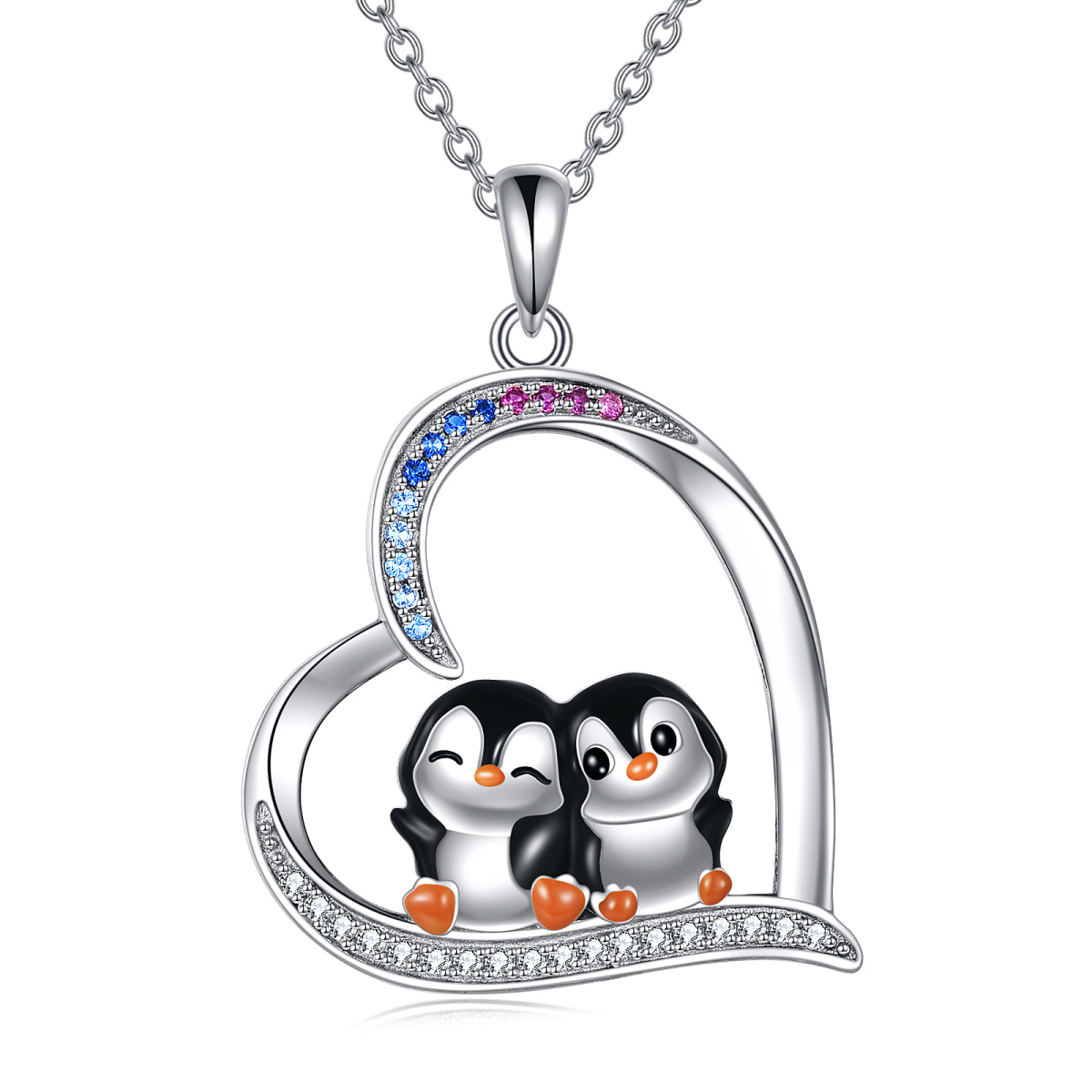 Sterling Silver Circular Shaped Cubic Zirconia Penguin Pendant Necklace-1