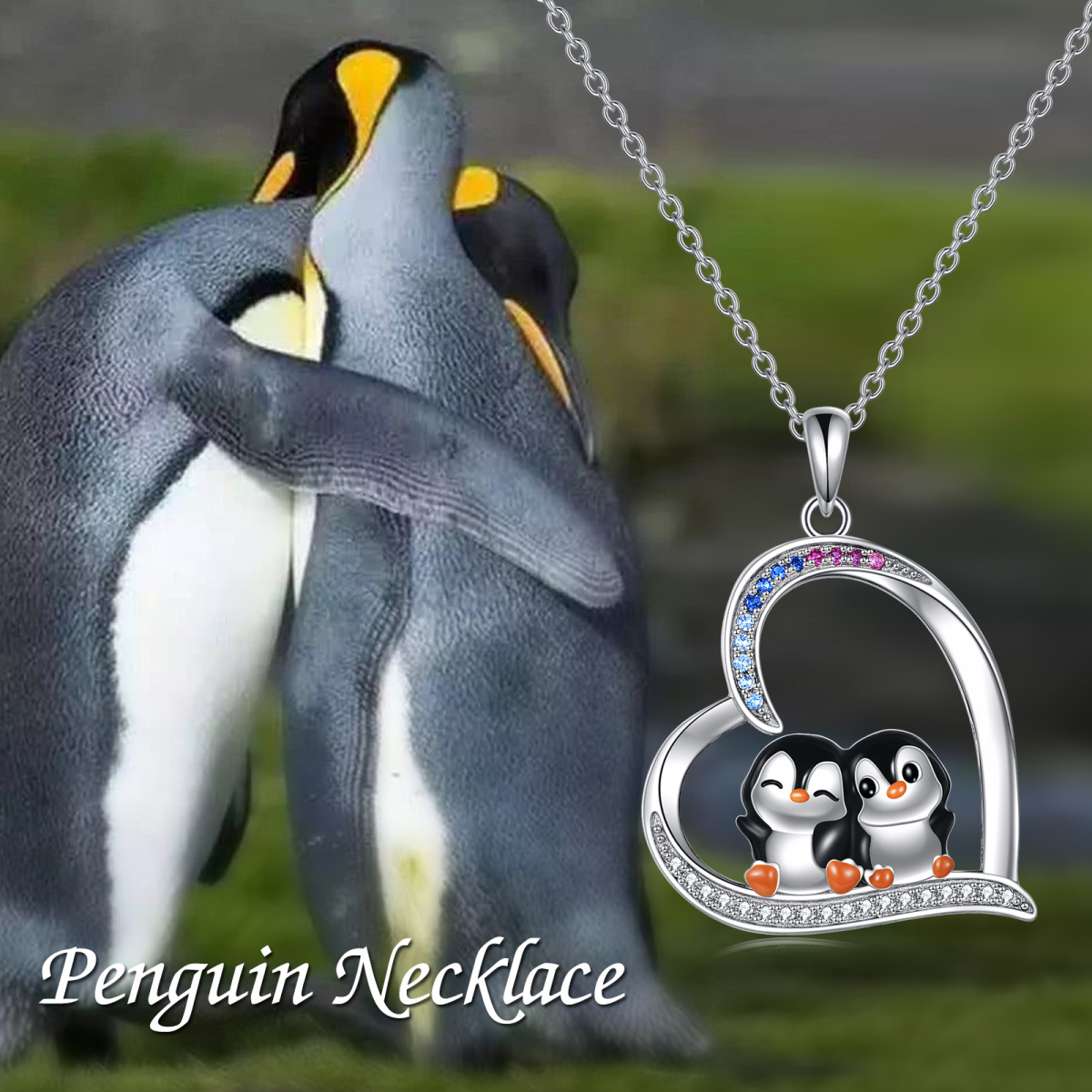 Collar colgante de plata de ley con forma circular de circonita cúbica y pingüino-6