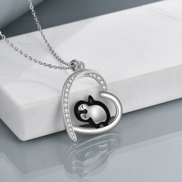 Sterling Silver Cubic Zirconia Penguin & Heart Pendant Necklace-4