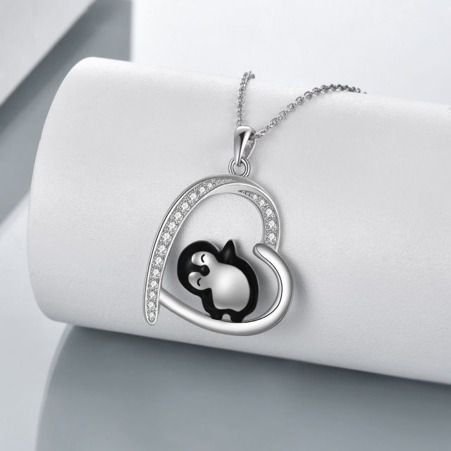 Sterling Silver Cubic Zirconia Penguin & Heart Pendant Necklace-3