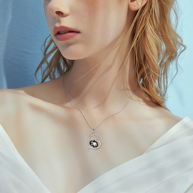 Sterling Silver Cubic Zirconia Penguin & Heart Pendant Necklace-1