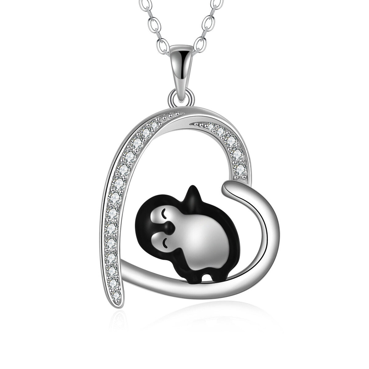 Sterling Silver Cubic Zirconia Penguin & Heart Pendant Necklace-1