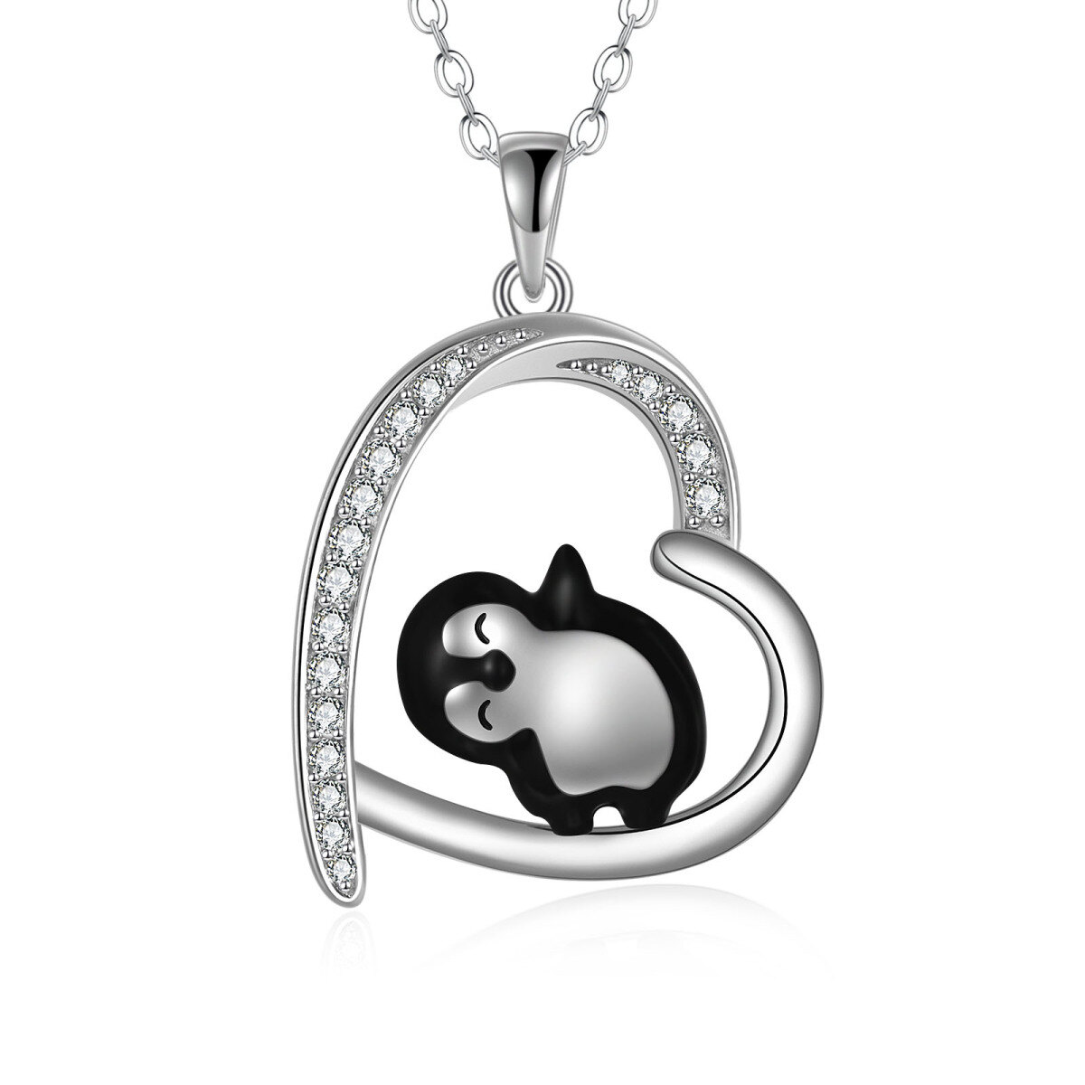 Plata de ley Cubic Zirconia Pingüino y Corazón Colgante Collar-1