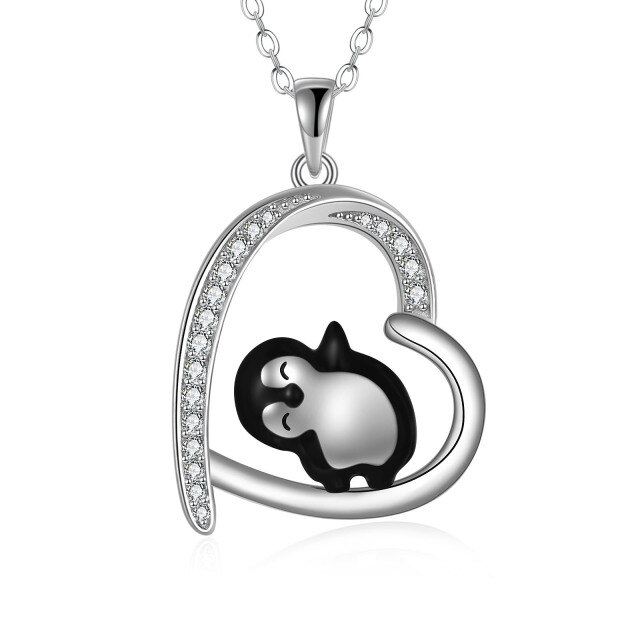 Sterling Silver Cubic Zirconia Penguin & Heart Pendant Necklace-0
