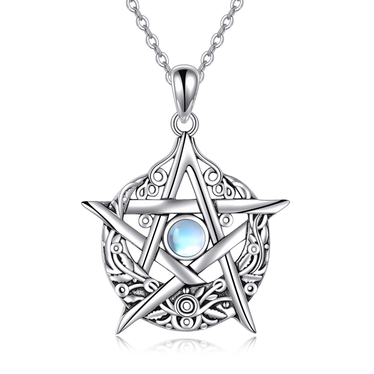Sterling Silver Circular Shaped Moonstone Vintage Pentagram Pendant Necklace-1