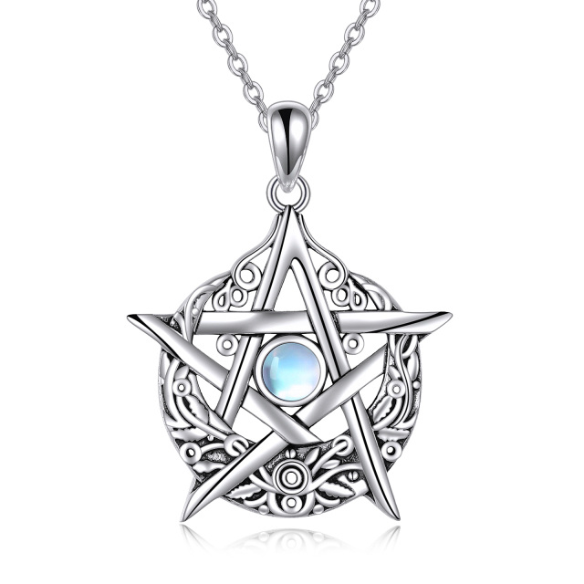 Sterling Silver Circular Shaped Moonstone Vintage Pentagram Pendant Necklace-0