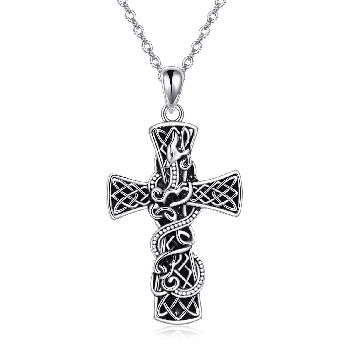 Sterling Silver Dragon & Celtic Cross Pendant Necklace-1