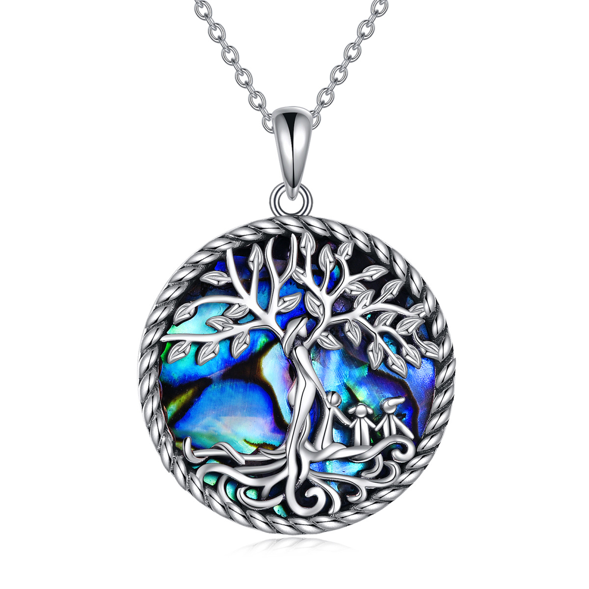 Sterling Silver Round Abalone Shellfish Tree Of Life Pendant Necklace-1