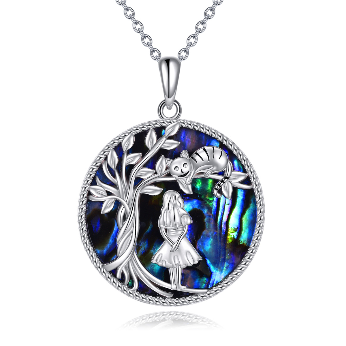 Sterling Silver Circular Shaped Abalone Shellfish Cat & Tree Of Life Pendant Necklace-1