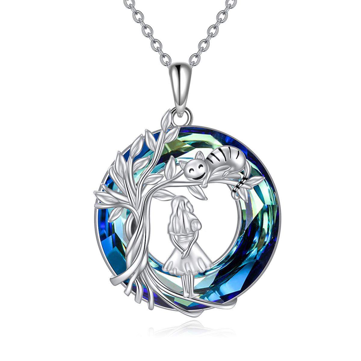 Sterling Silver Round Tree Of Life Girl & Cat Crystal Pendant Necklace-1