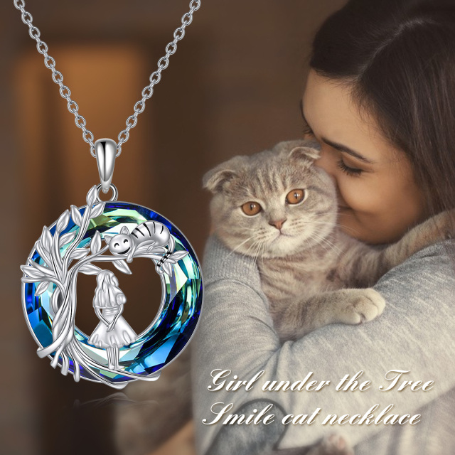 Sterling Silber Runde Baum des Lebens Mädchen & Katze Kristall-Anhänger Halskette-2