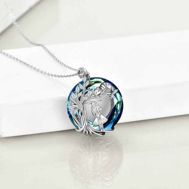 Sterling Silver Round Tree Of Life Girl & Cat Crystal Pendant Necklace-3