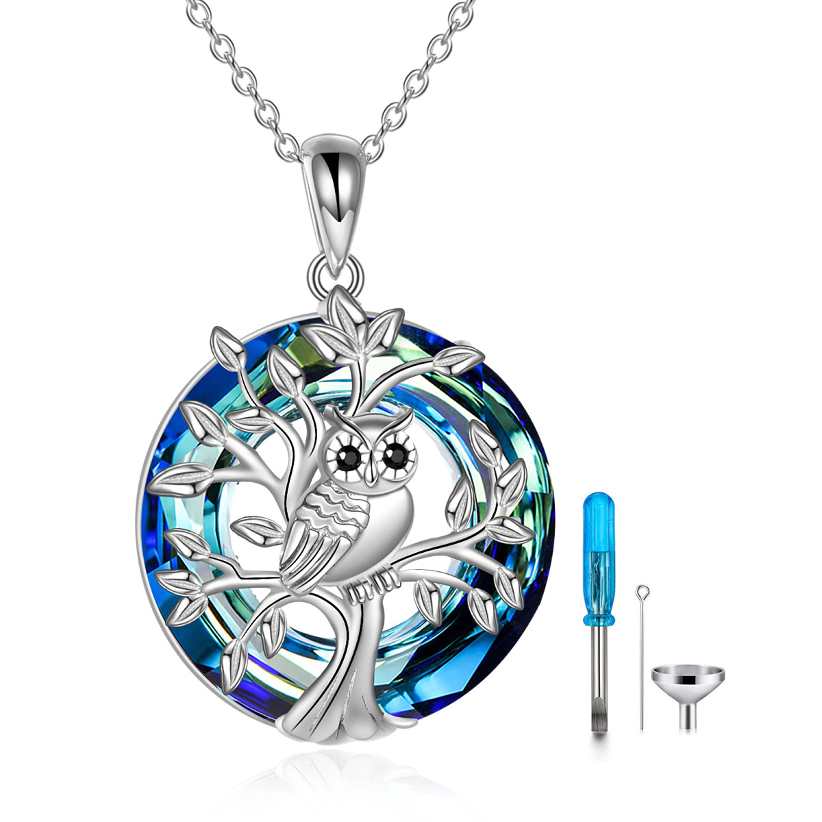 Sterling Silver Circular Shaped Crystal Owl & Tree Of Life Urn Necklace for Ashes-1