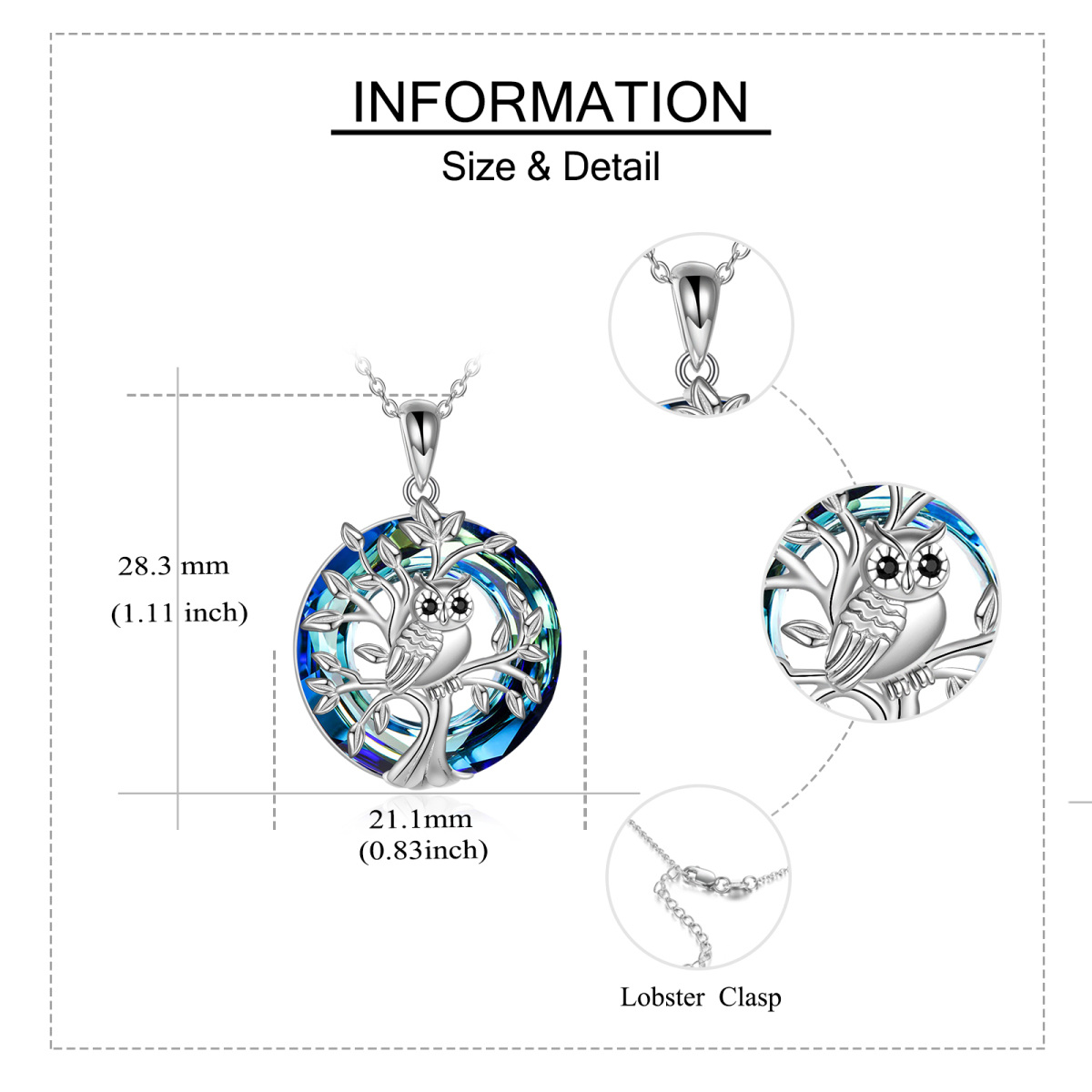 Sterling Silber kreisförmig Kristall Eule & Baum des Lebens Urne Halskette-5