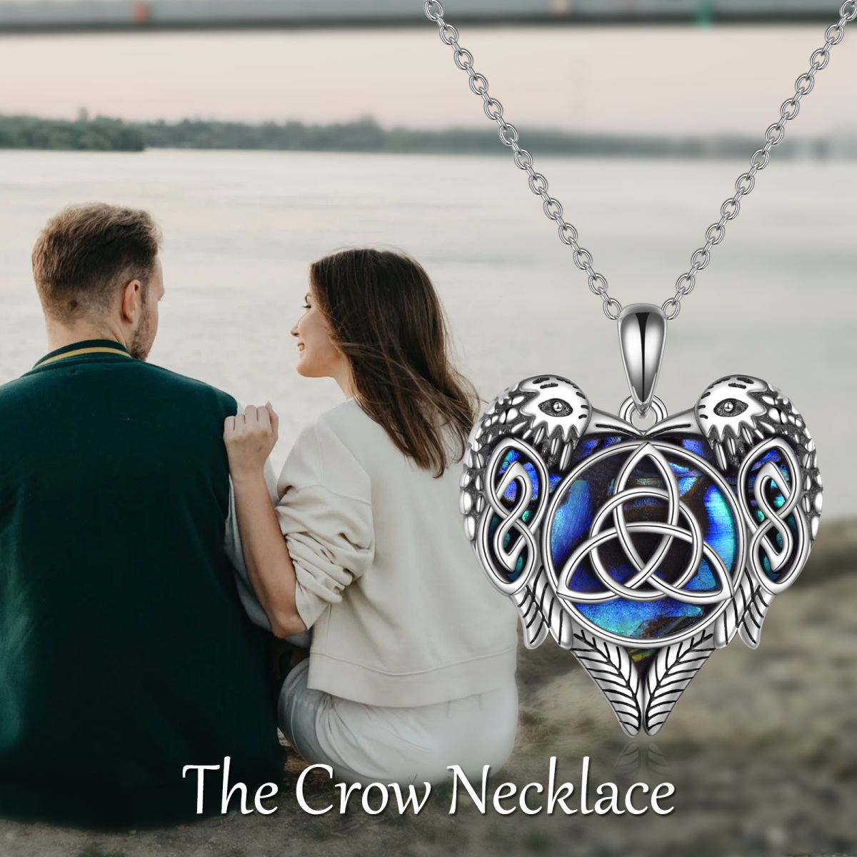 Sterling Silver Abalone Shellfish Raven & Couple & Celtic Knot Pendant Necklace-6