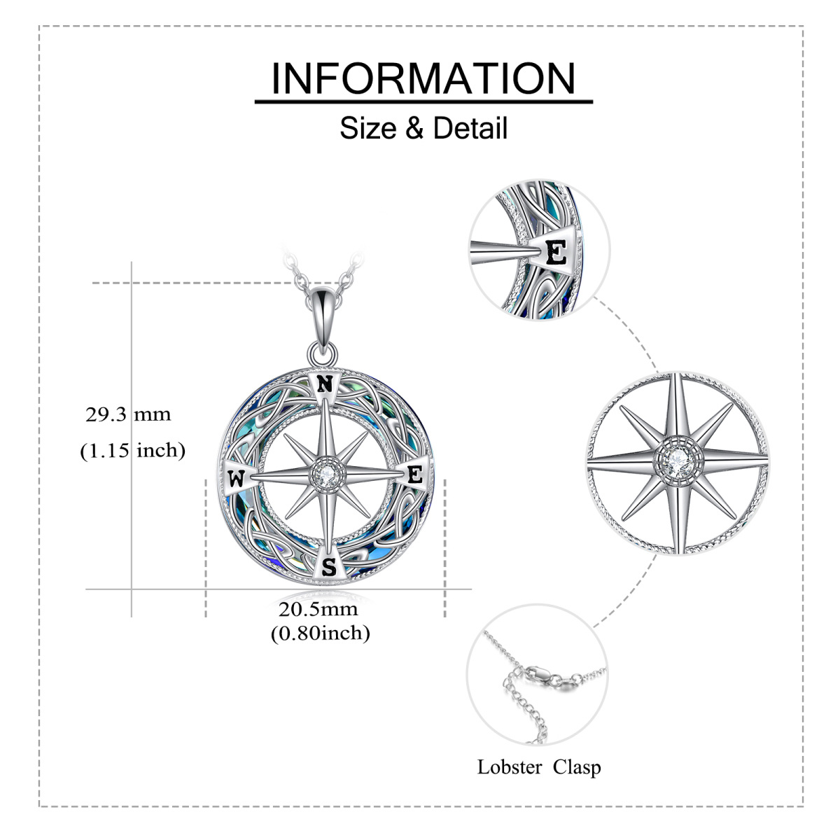 Sterling Silber Runde keltischen Knoten & Kompass Kristall Anhänger Halskette-6