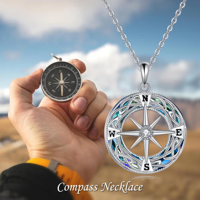 Sterling Silver Round Celtic Knot & Compass Crystal Pendant Necklace-2