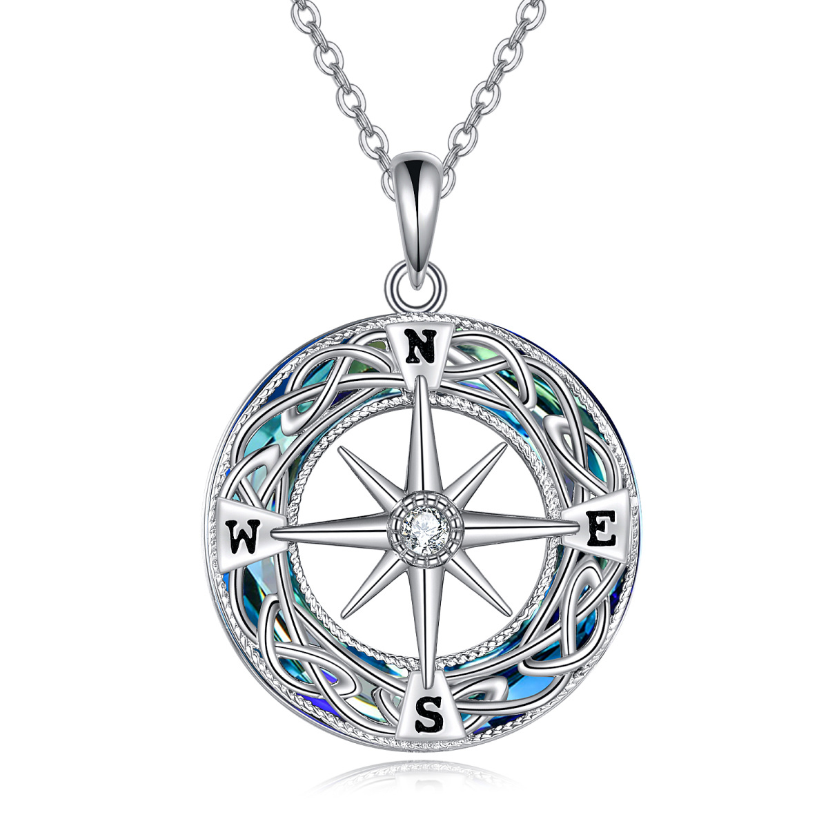 Sterling Silver Round Celtic Knot & Compass Crystal Pendant Necklace-1