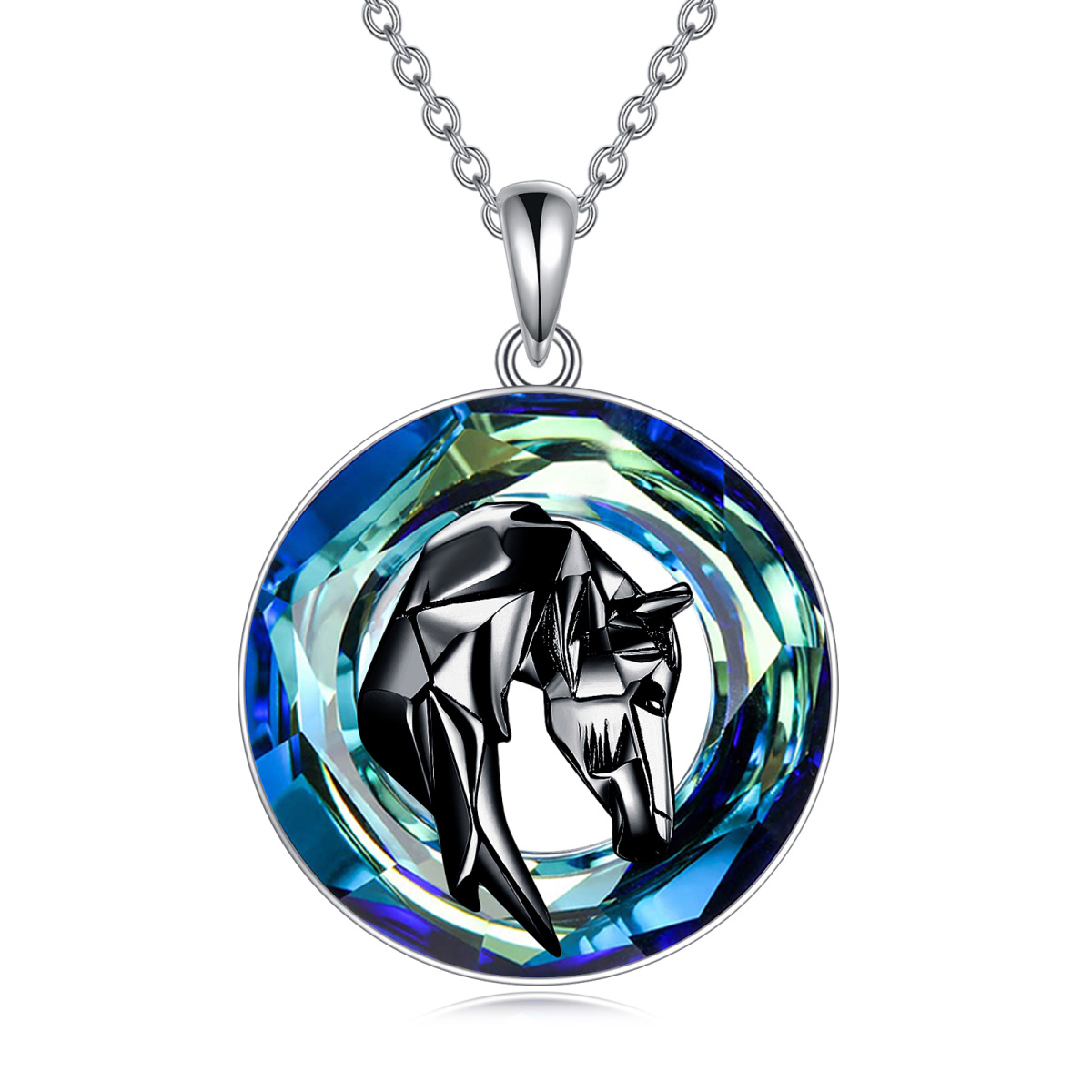 Sterling Silver Two-tone Round Horse Crystal Pendant Necklace-1