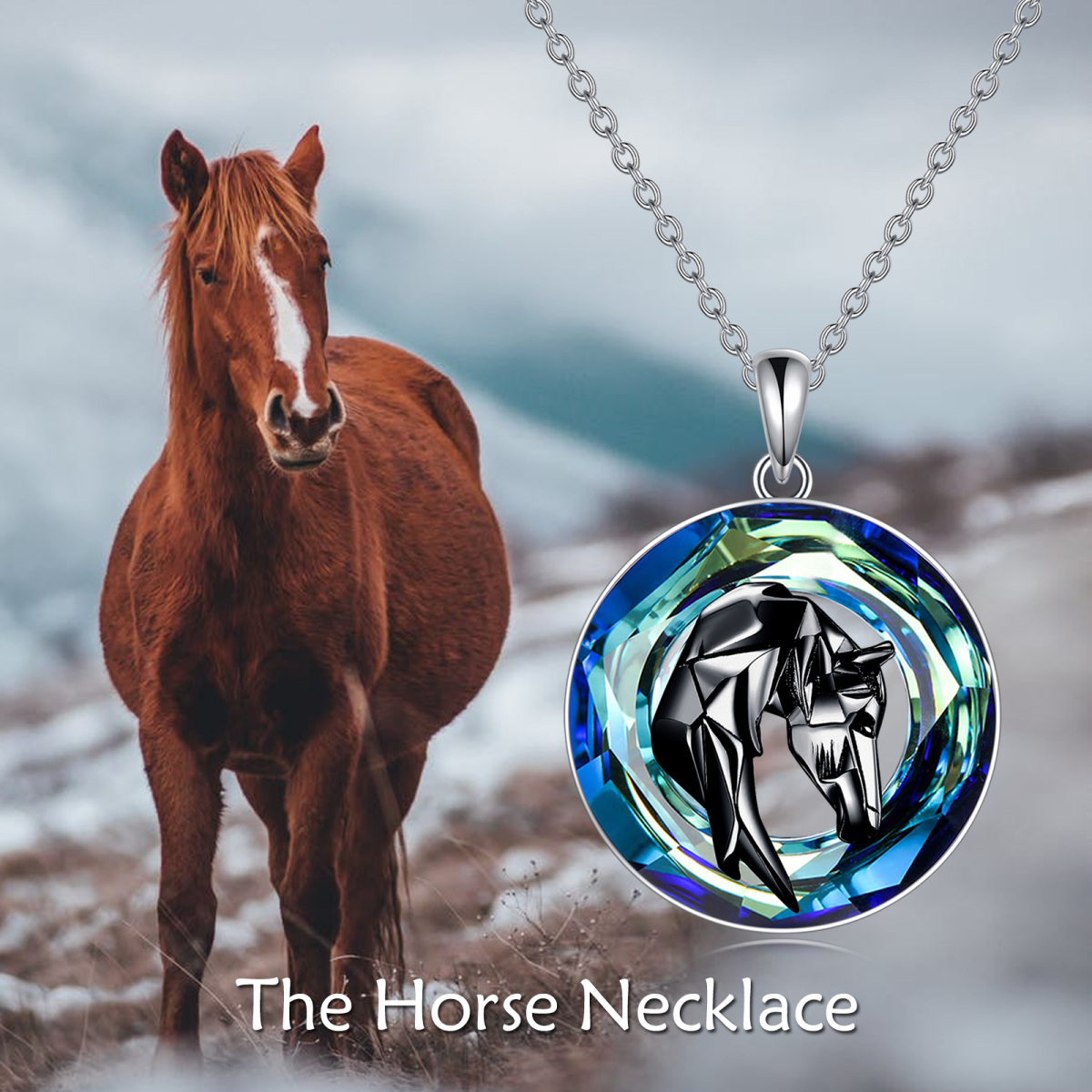 Sterling Silver Two-tone Round Horse Crystal Pendant Necklace-3