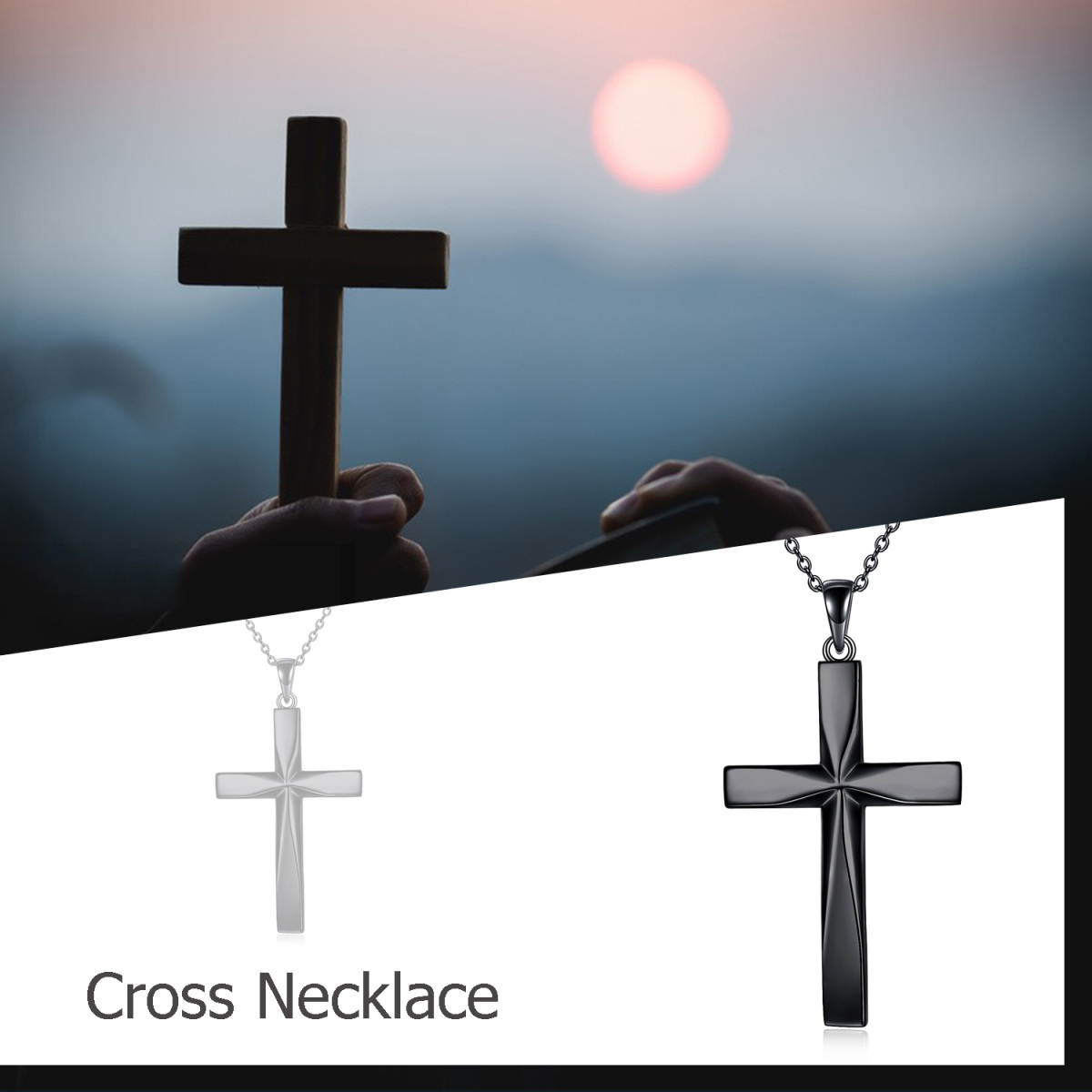 Sterling Silver with Black Rhodium Cross Pendant Necklace-6