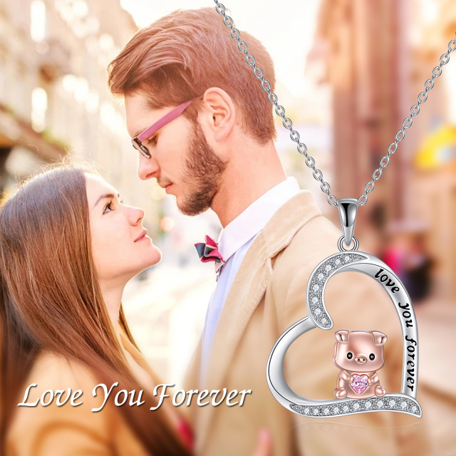 Sterling Silver Two-tone Circular Shaped Cubic Zirconia Pig & Heart Pendant Necklace with Engraved Word-2