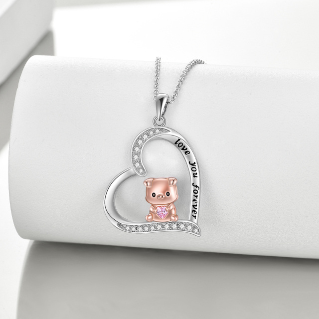 Sterling Silver Two-tone Circular Shaped Cubic Zirconia Pig & Heart Pendant Necklace with Engraved Word-3
