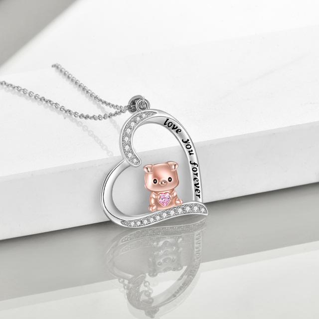 Sterling Silver Two-tone Circular Shaped Cubic Zirconia Pig & Heart Pendant Necklace with Engraved Word-4