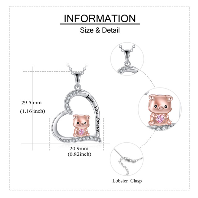 Sterling Silver Two-tone Circular Shaped Cubic Zirconia Pig & Heart Pendant Necklace with Engraved Word-5